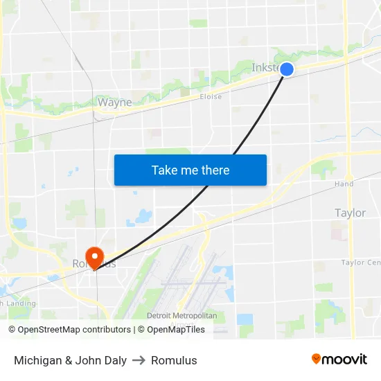 Michigan & John Daly to Romulus map
