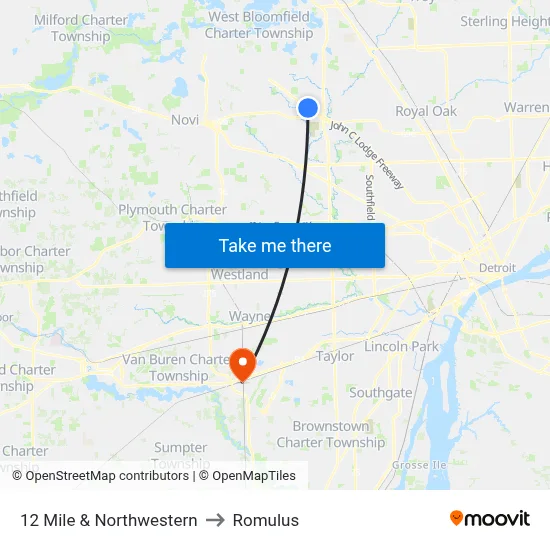 12 Mile & Northwestern to Romulus map