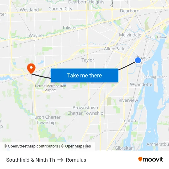 Southfield & Ninth Th to Romulus map
