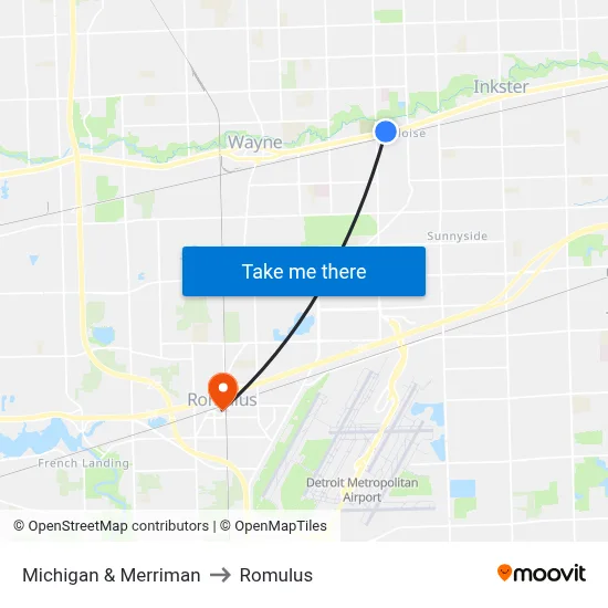 Michigan & Merriman to Romulus map