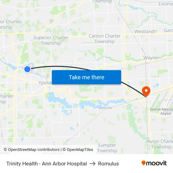 Trinity Health - Ann Arbor Hospital to Romulus map