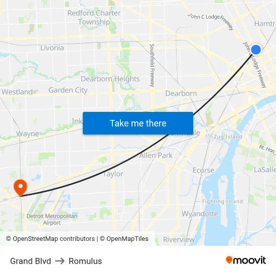Grand Blvd to Romulus map