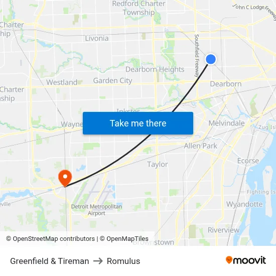 Greenfield & Tireman to Romulus map