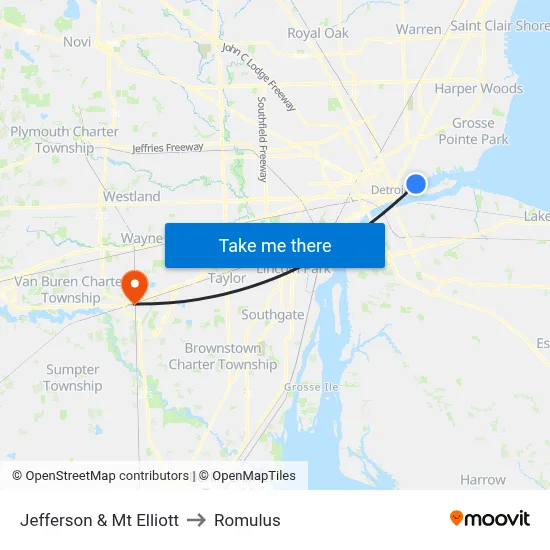 Jefferson & Mt Elliott to Romulus map