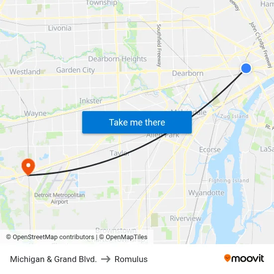 Michigan & Grand Blvd. to Romulus map