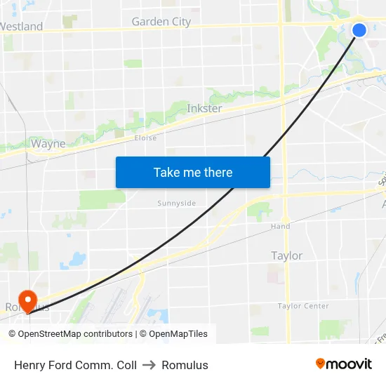 Henry Ford Comm. Coll to Romulus map