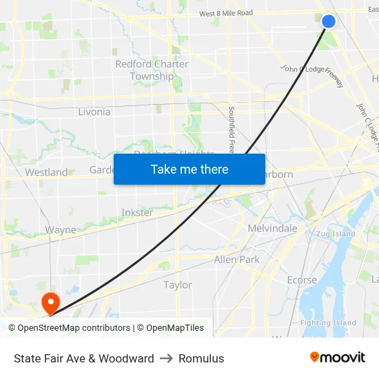 State Fair Ave & Woodward to Romulus map