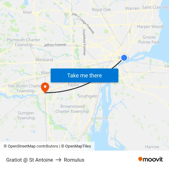 Gratiot @ St Antoine to Romulus map