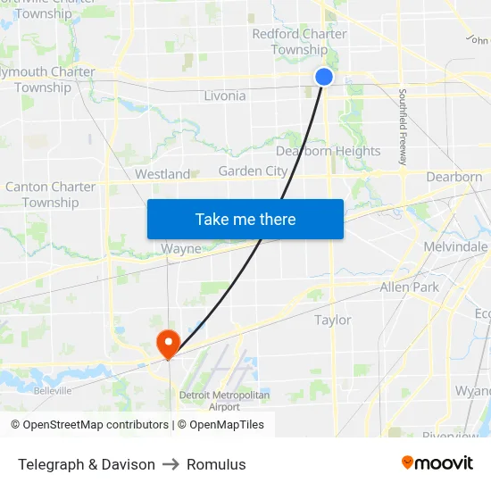Telegraph & Davison to Romulus map