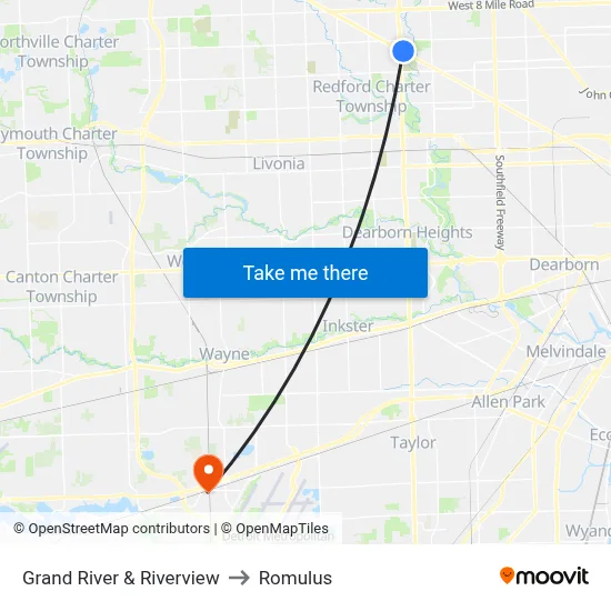 Grand River & Riverview to Romulus map