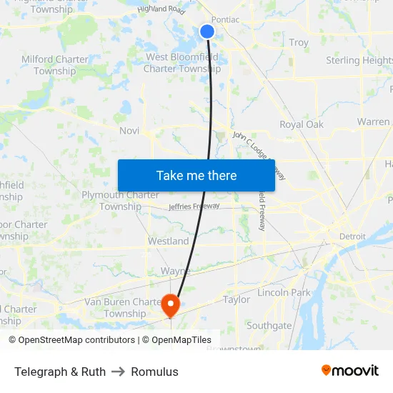 Telegraph & Ruth to Romulus map