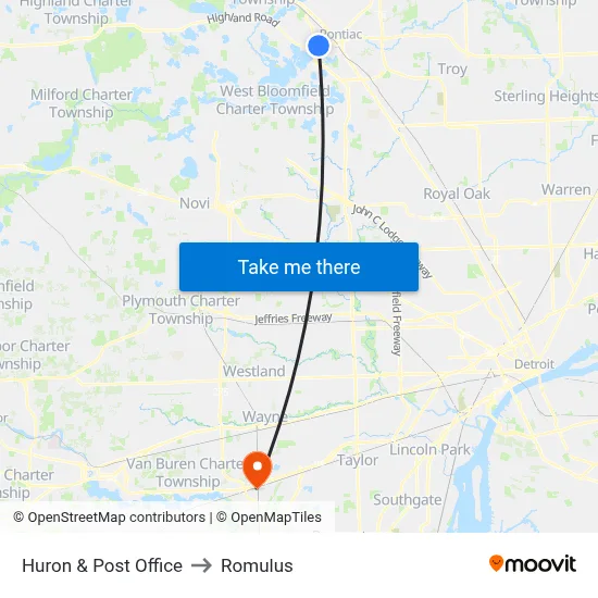 Huron & Post Office to Romulus map
