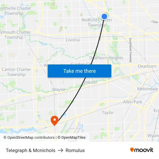 Telegraph & Mcnichols to Romulus map