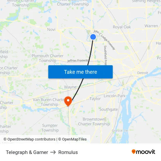 Telegraph & Garner to Romulus map
