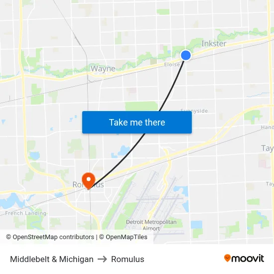 Middlebelt & Michigan to Romulus map