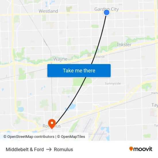Middlebelt & Ford to Romulus map
