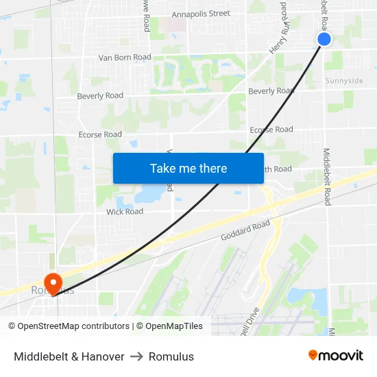 Middlebelt & Hanover to Romulus map