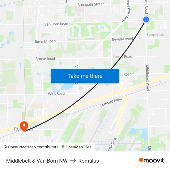 Middlebelt & Van Born NW to Romulus map