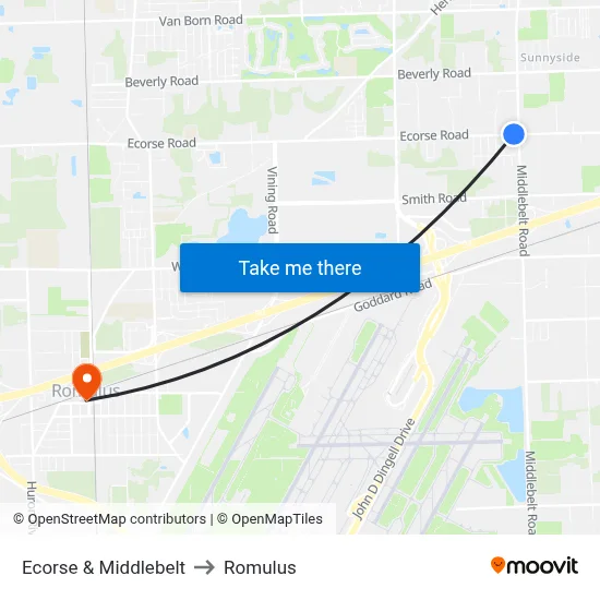 Ecorse & Middlebelt to Romulus map