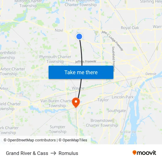 Grand River & Cass to Romulus map