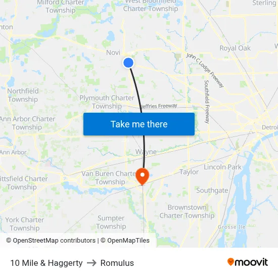 10 Mile & Haggerty to Romulus map