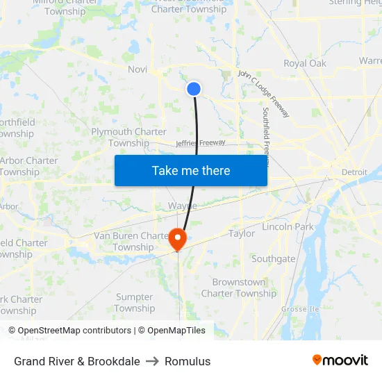 Grand River & Brookdale to Romulus map