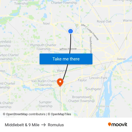 Middlebelt & 9 Mile to Romulus map
