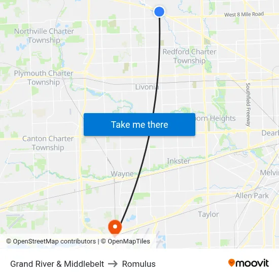 Grand River & Middlebelt to Romulus map