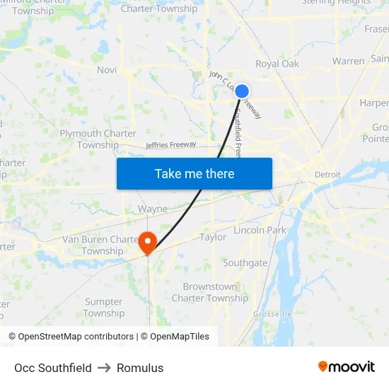 Occ Southfield to Romulus map