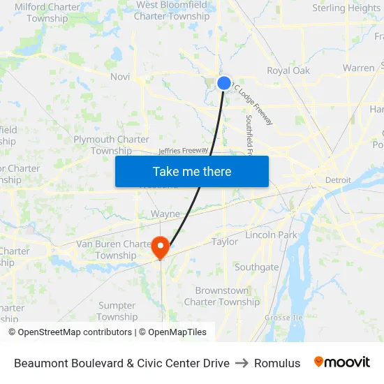 Beaumont Boulevard & Civic Center Drive to Romulus map
