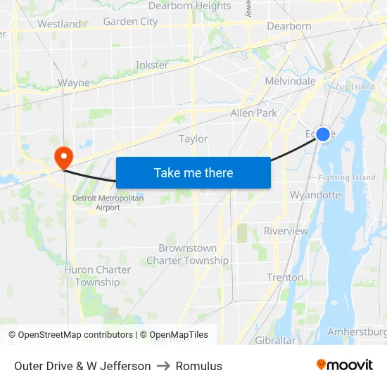 Outer Drive & W Jefferson to Romulus map