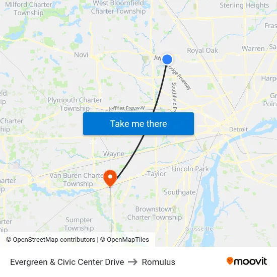 Evergreen & Civic Center Drive to Romulus map