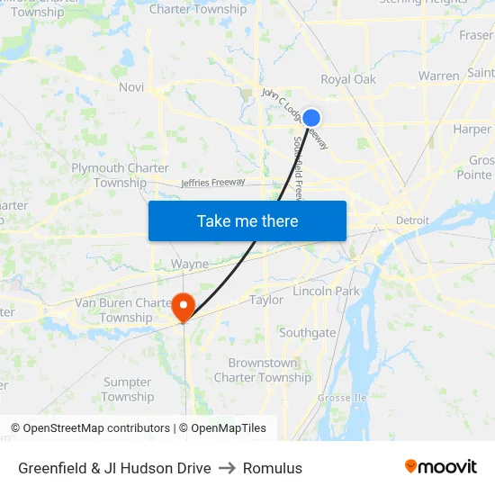 Greenfield & Jl Hudson Drive to Romulus map