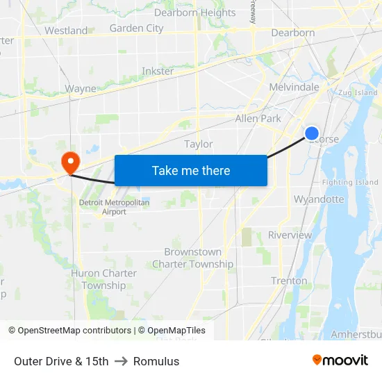 Outer Drive & 15th to Romulus map