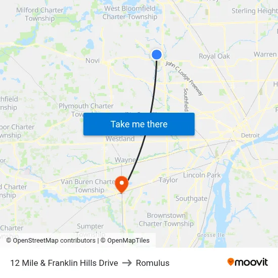 12 Mile & Franklin Hills Drive to Romulus map
