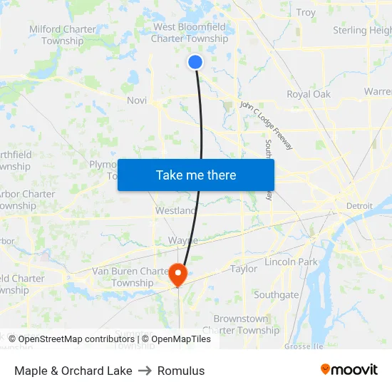 Maple & Orchard Lake to Romulus map