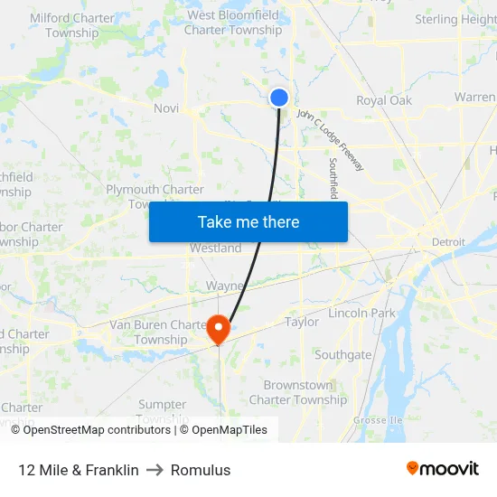 12 Mile & Franklin to Romulus map