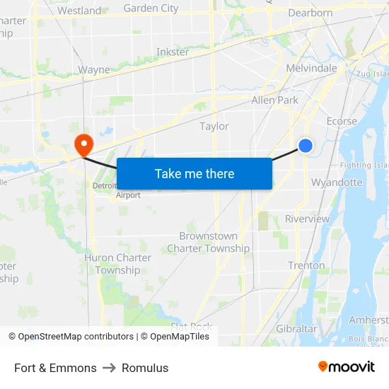 Fort & Emmons to Romulus map
