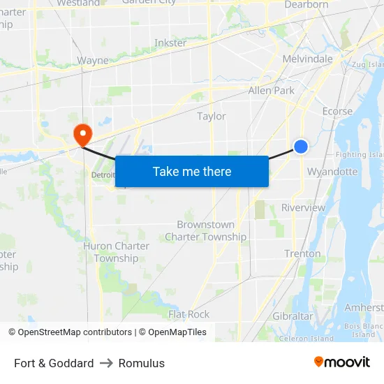 Fort & Goddard to Romulus map
