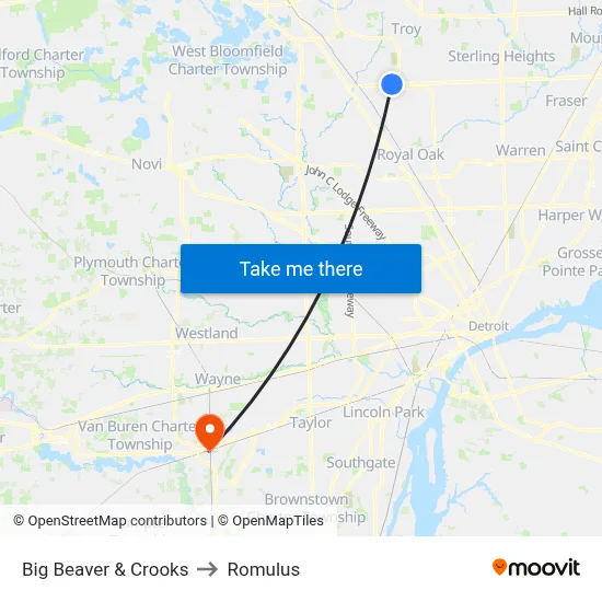 Big Beaver & Crooks to Romulus map