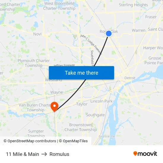 11 Mile & Main to Romulus map