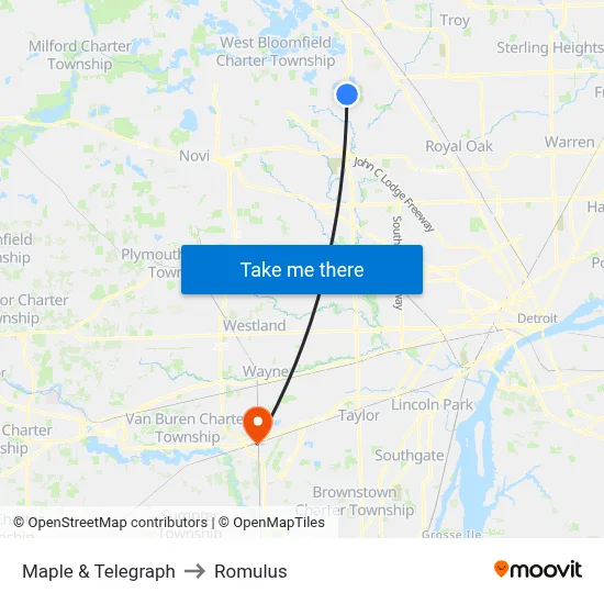 Maple & Telegraph to Romulus map