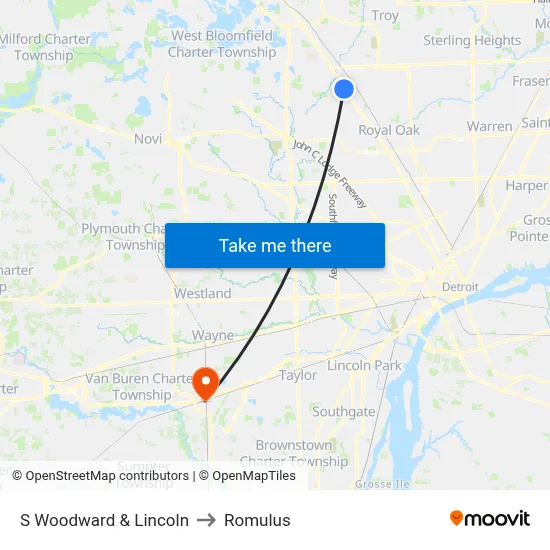 S Woodward & Lincoln to Romulus map