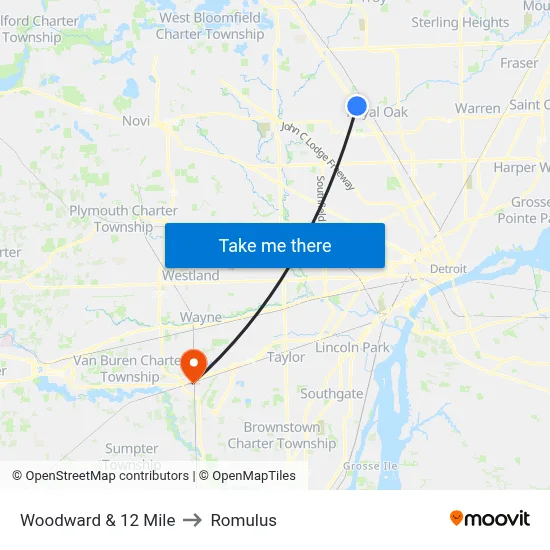 Woodward & 12 Mile to Romulus map