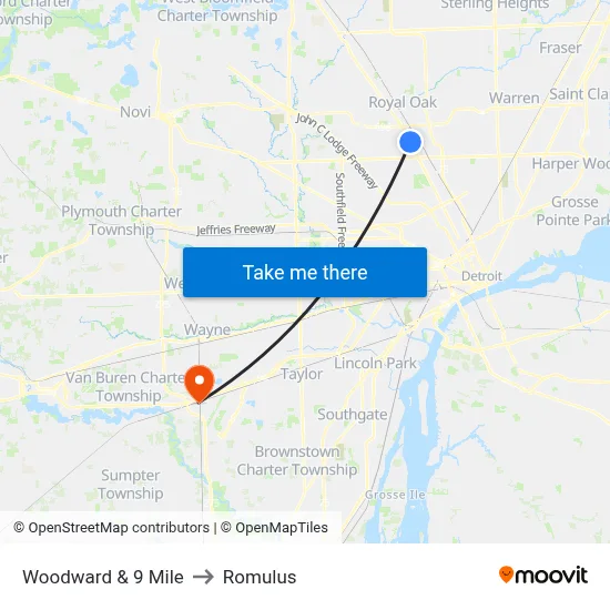 Woodward & 9 Mile to Romulus map