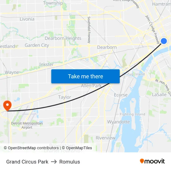 Grand Circus Park to Romulus map