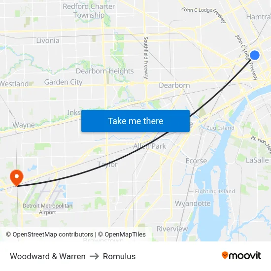 Woodward & Warren to Romulus map