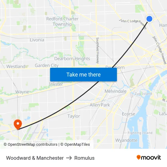 Woodward & Manchester to Romulus map