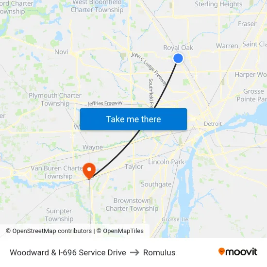 Woodward & I-696 Service Drive to Romulus map