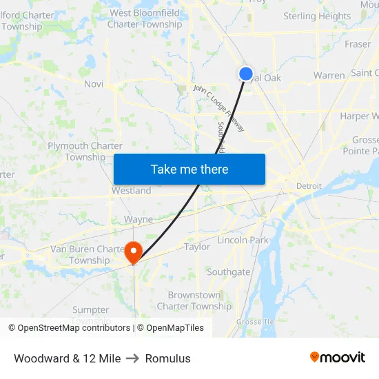 Woodward & 12 Mile to Romulus map